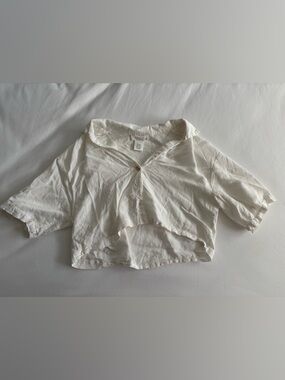 Relaxed Cream Cropped Button-Front Top with Short Sleeves